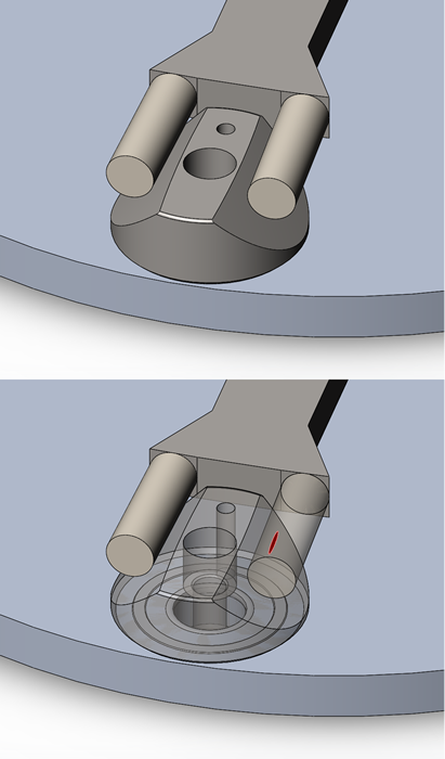 Canoe alignment jig showing contact point in red.